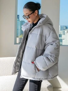 DAZY Drawstring Hooded Padded Coat - Grey - View 4