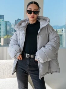 DAZY Drawstring Hooded Padded Coat - Grey - View 5