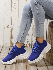 運動老爹鞋適用於女士字母貼飾繫帶織物運動鞋 - 藍色 - 查看 4