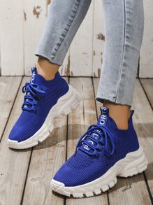 運動老爹鞋適用於女士字母貼飾繫帶織物運動鞋 - 藍色 - 查看 1