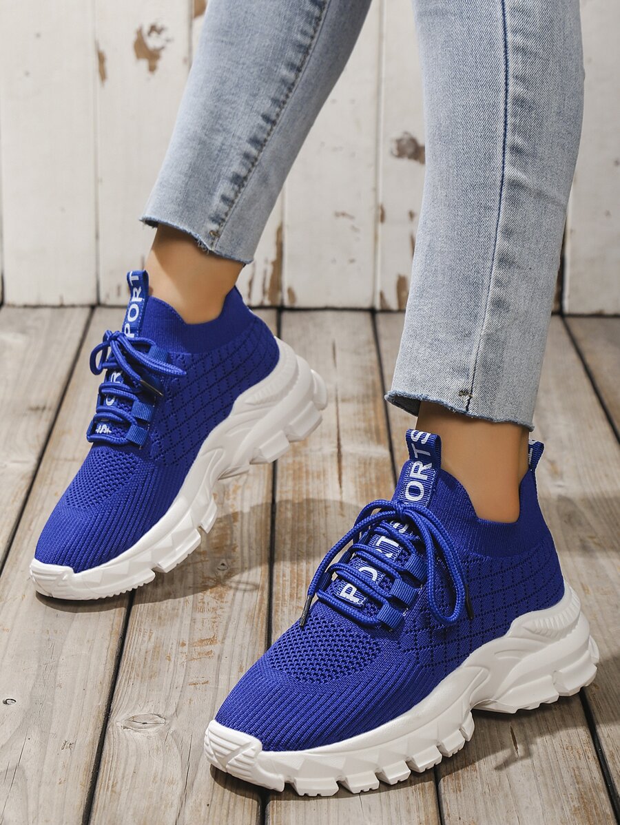 運動老爹鞋適用於女士字母貼飾繫帶織物運動鞋 - 藍色 - 查看 1