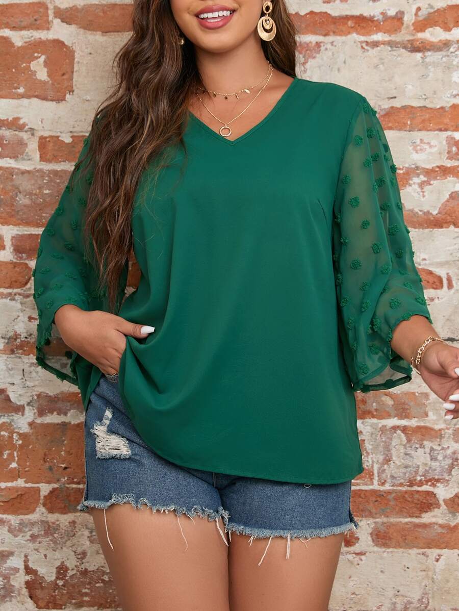 SHEIN LUNE 大碼拼接圓點襯衫 - 綠色 - 查看 1