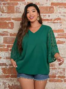 SHEIN LUNE 大碼拼接圓點襯衫 - 綠色 - 查看 3