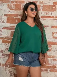 SHEIN LUNE 大碼拼接圓點襯衫 - 綠色 - 查看 7