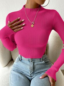 Elenzga Mock Neck Rib-Knit Crop Sweater Knit Pullover Fall Winter Outfit