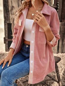 Flap Pocket Drop Shoulder Corduroy Coat - Pink - View 3