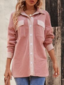 Flap Pocket Drop Shoulder Corduroy Coat - Pink - View 4