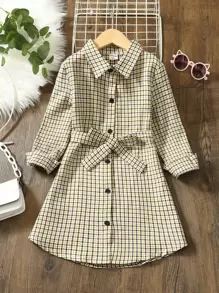 小女童格紋印花腰帶襯衫洋裝