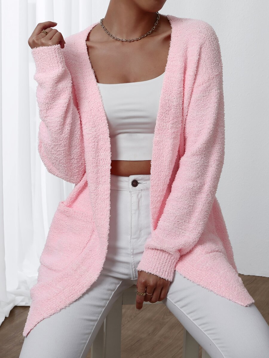 EMERY ROSE Áo khoác cardigan hai túi thả vai, Áo khoác cardigan nữ cổ chữ V dáng thường ngày màu hồng nhạt đơn giản, mặc hàng ngày, áo dài tay, mùa xuân/thu - Màu Hồng baby - Xem 1