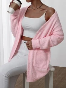 EMERY ROSE Áo khoác cardigan hai túi thả vai, Áo khoác cardigan nữ cổ chữ V dáng thường ngày màu hồng nhạt đơn giản, mặc hàng ngày, áo dài tay, mùa xuân/thu - Màu Hồng baby - Xem 3