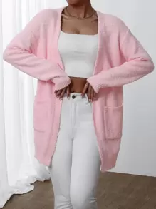 EMERY ROSE Áo khoác cardigan hai túi thả vai, Áo khoác cardigan nữ cổ chữ V dáng thường ngày màu hồng nhạt đơn giản, mặc hàng ngày, áo dài tay, mùa xuân/thu - Màu Hồng baby - Xem 4