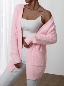 EMERY ROSE Áo khoác cardigan hai túi thả vai, Áo khoác cardigan nữ cổ chữ V dáng thường ngày màu hồng nhạt đơn giản, mặc hàng ngày, áo dài tay, mùa xuân/thu - Màu Hồng baby - Xem 5