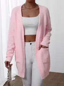 EMERY ROSE Áo khoác cardigan hai túi thả vai, Áo khoác cardigan nữ cổ chữ V dáng thường ngày màu hồng nhạt đơn giản, mặc hàng ngày, áo dài tay, mùa xuân/thu - Màu Hồng baby - Xem 6