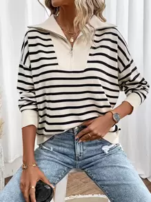SHEIN Frenchy Suéter con cuello de detalle, media cremallera y hombros caídos, de manga larga, con estampado de rayas - Albaricoque - Ver 1