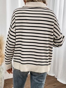 SHEIN Frenchy Suéter con cuello de detalle, media cremallera y hombros caídos, de manga larga, con estampado de rayas - Albaricoque - Ver 2