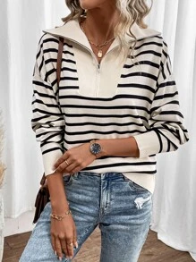 SHEIN Frenchy Suéter con cuello de detalle, media cremallera y hombros caídos, de manga larga, con estampado de rayas - Albaricoque - Ver 4