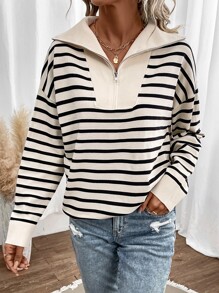 SHEIN Frenchy Suéter con cuello de detalle, media cremallera y hombros caídos, de manga larga, con estampado de rayas - Albaricoque - Ver 5