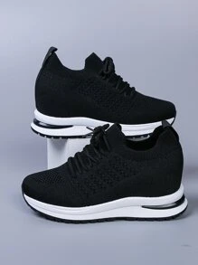 Lace-up Front Wedge Sneakers - Black - View 1