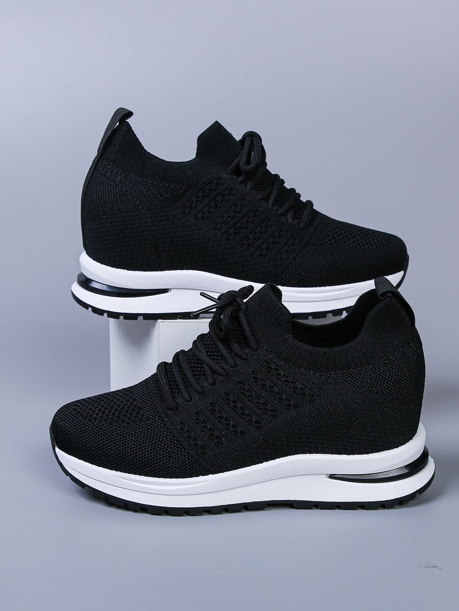 Lace-up Front Wedge Sneakers - Black - View 1