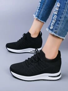 Lace-up Front Wedge Sneakers - Black - View 3