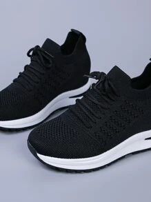 Lace-up Front Wedge Sneakers - Black - View 4