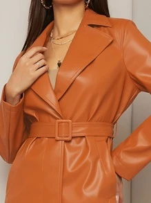 SHEIN BAE 西裝領腰帶PU皮革風衣外套