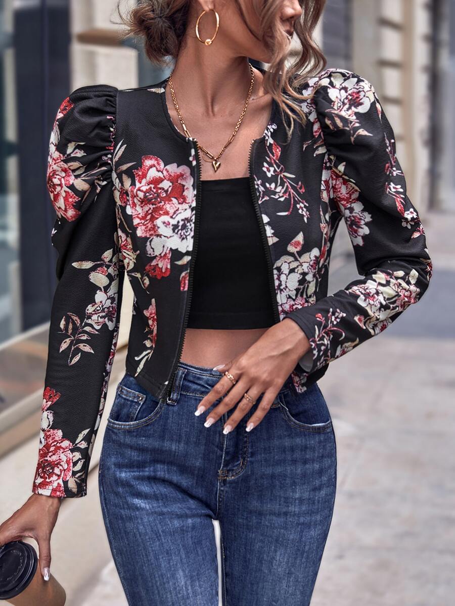 SHEIN LUNE Floral Print Gigot Sleeve Crop Jacket - Black - View 1