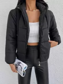 RueChic Zip Up Drawstring Hooded Puffer Coat - Black - View 1