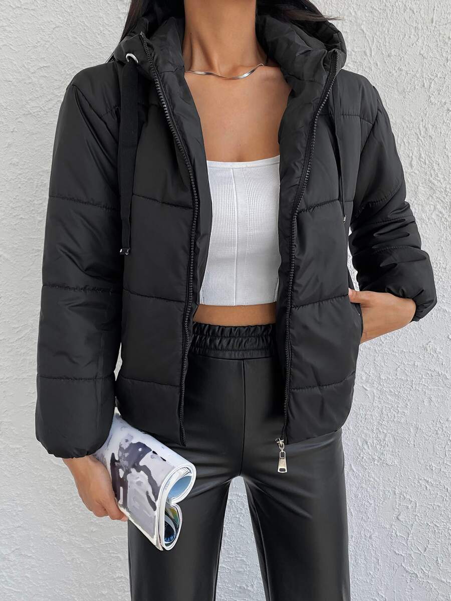 RueChic Zip Up Drawstring Hooded Puffer Coat - Black - View 1