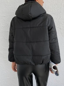 RueChic Zip Up Drawstring Hooded Puffer Coat - Black - View 2