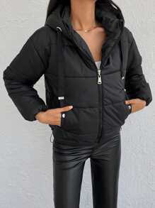 RueChic Zip Up Drawstring Hooded Puffer Coat - Black - View 3