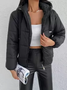 RueChic Zip Up Drawstring Hooded Puffer Coat - Black - View 5