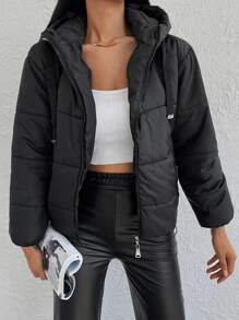 RueChic Zip Up Drawstring Hooded Puffer Coat - Black - View 6