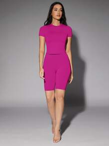 Silquee Solid Fitted Tee - Hot Pink - View 5