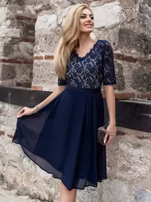 MIUSOL Lace Bodice Dress, Semi Formal Dress - Navy Blue - View 2