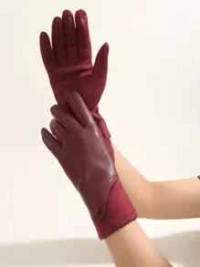 1 双女士勃艮第色 PU 仿麂皮拼布纽扣装饰手套，麂皮手掌和食指可触屏，适合秋冬季万圣节休闲户外 - 酒紅色 - 查看 1