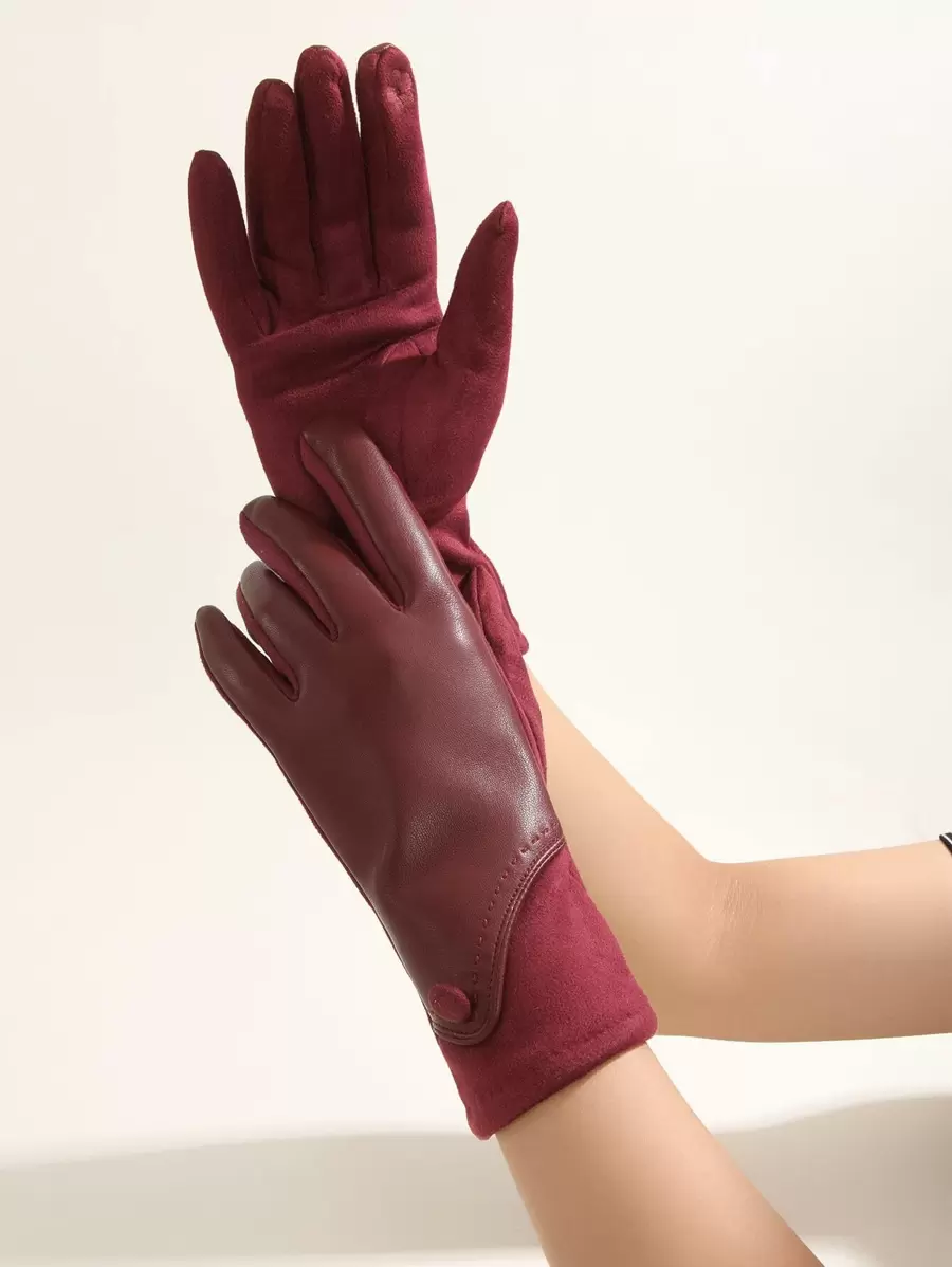 1 双女士勃艮第色 PU 仿麂皮拼布纽扣装饰手套，麂皮手掌和食指可触屏，适合秋冬季万圣节休闲户外 - 酒紅色 - 查看 1