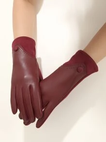 1 双女士勃艮第色 PU 仿麂皮拼布纽扣装饰手套，麂皮手掌和食指可触屏，适合秋冬季万圣节休闲户外 - 酒紅色 - 查看 2