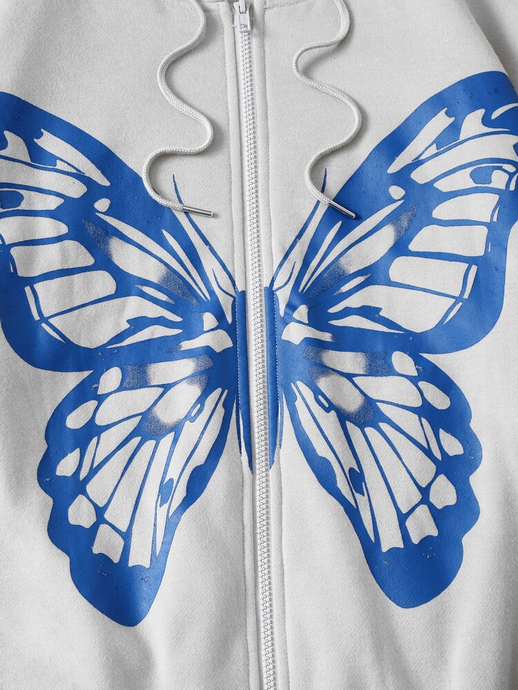 Butterfly Print Drop Shoulder Two Tone Drawstring Hoodie
