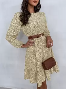 SHEIN LUNE Leopard Print Ruffle Hem Dress Without Belt - Multicolor - View 1