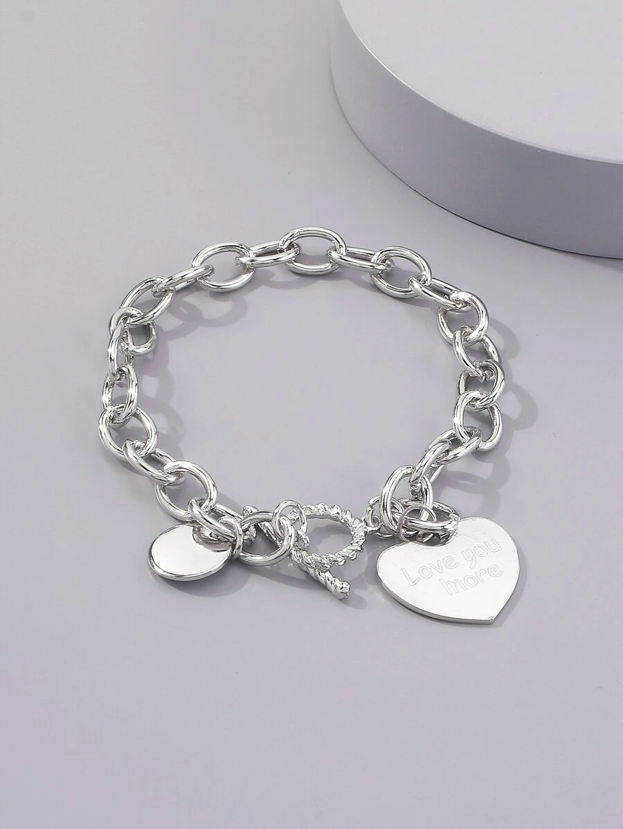 Mydear 1 pieza Pulsera de cadena con colgante en forma de corazón de aleación minimalista con cierre de mosquetón, adecuada para uso diario de mujeres - Plateado - Ver 1