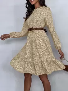 SHEIN LUNE Leopard Print Ruffle Hem Dress Without Belt - Multicolor - View 4