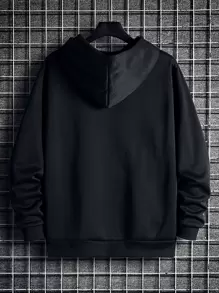 男士字母圖案袋鼠口袋抽繩加絨內裏連帽衫 - 黑色 - 查看 2