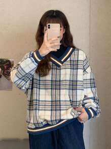 Plaid Print Drop Shoulder Sweatshirt - Multicolor - View 1
