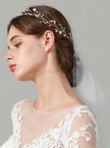 花朵与人造珍珠装饰新娘面纱女士秋季服装 - 金色 - 查看 7