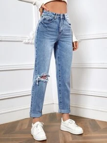 SHEIN Frenchy Jeans ajustados mom desgarro de talle alto - Azul lavado medio - Ver 5