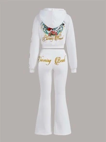 SHEIN EZwear 女士字母虎纹印花拉链连帽衫和喇叭裤休闲运动套装 - 白色 - 查看 2