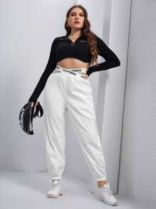 SHEIN EZwear Plus Size Quần thể thao Hội Chữ thập Cắt ra Lá thư - trắng - Xem 5