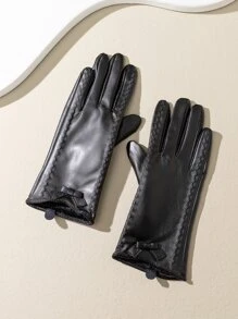 Bow Decor Plush Lined Gloves - Black - View 1