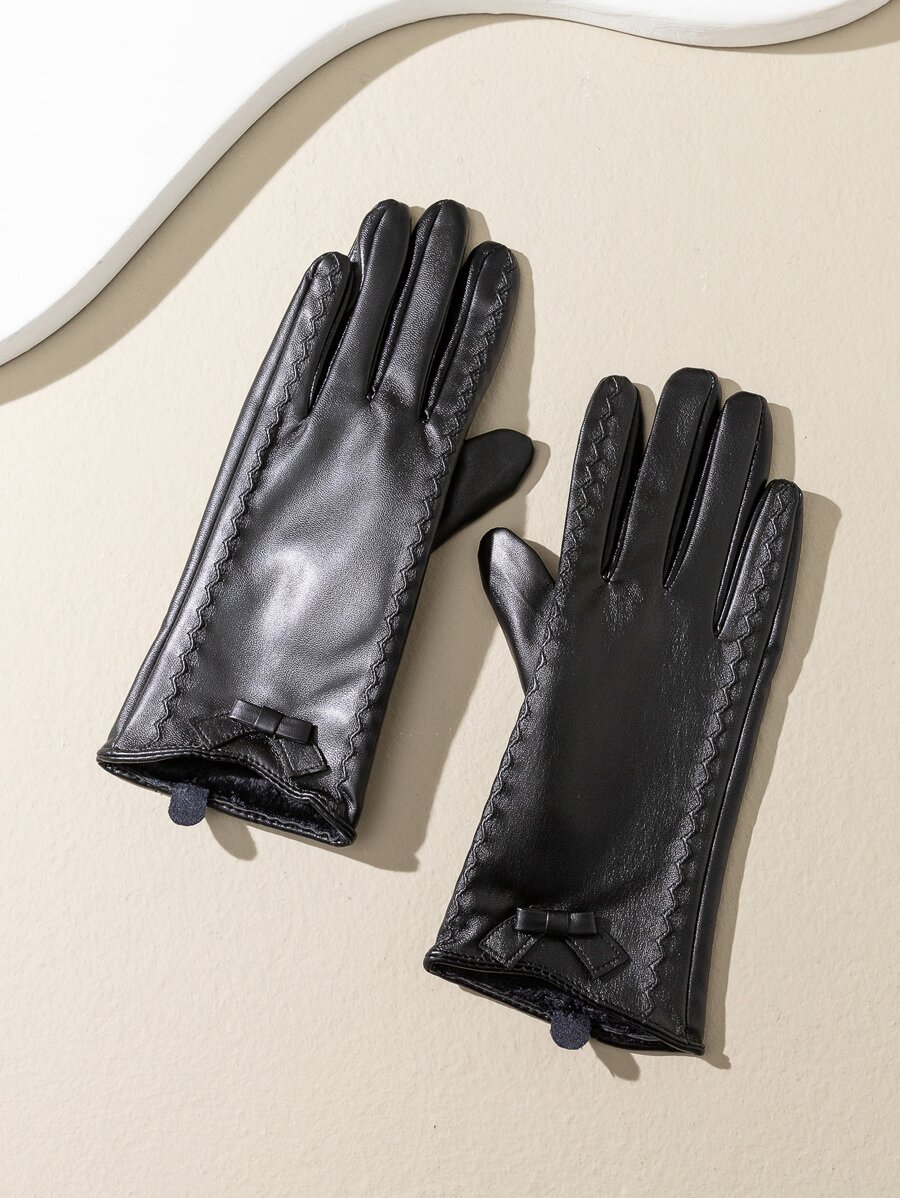 Bow Decor Plush Lined Gloves - Black - View 1